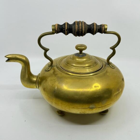 Antique 19th Century Brass Footed Tea Pot w/ Wooden Handle - Picture 1 of 6